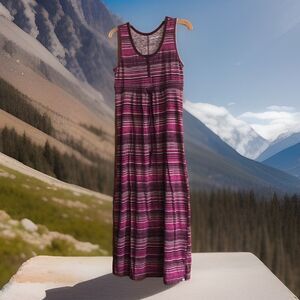 Eddie Bauer Outdoor Striped Tank Maxi Dress Plum Purple Draw String Waist Medium